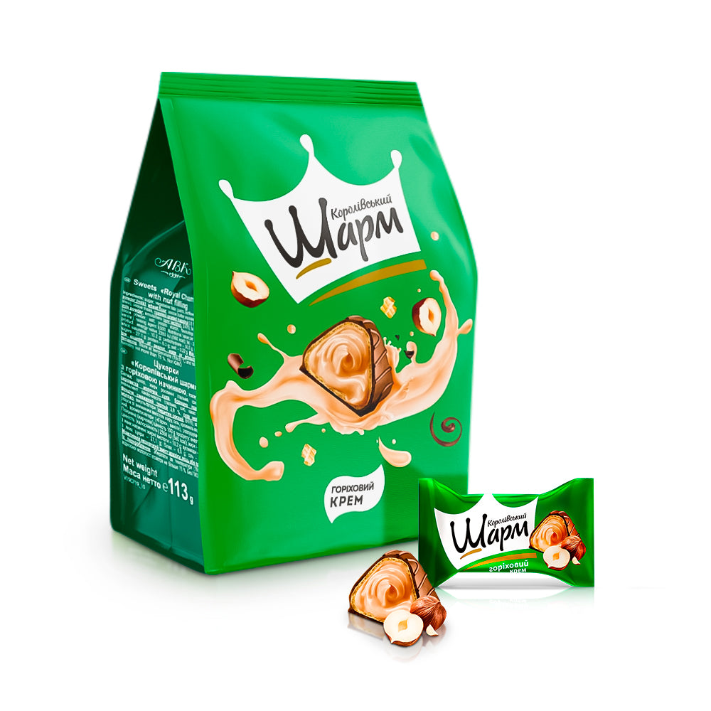 Цукерки - Королівський шарм, з горіховою начинкою, ABK, 113 г Ціна не включає 20% обов'язкового пожертвування на Парасольку. Пожертвування потрібно додати під час оформлення замовлення. Дякуємо за вашу підтримку!