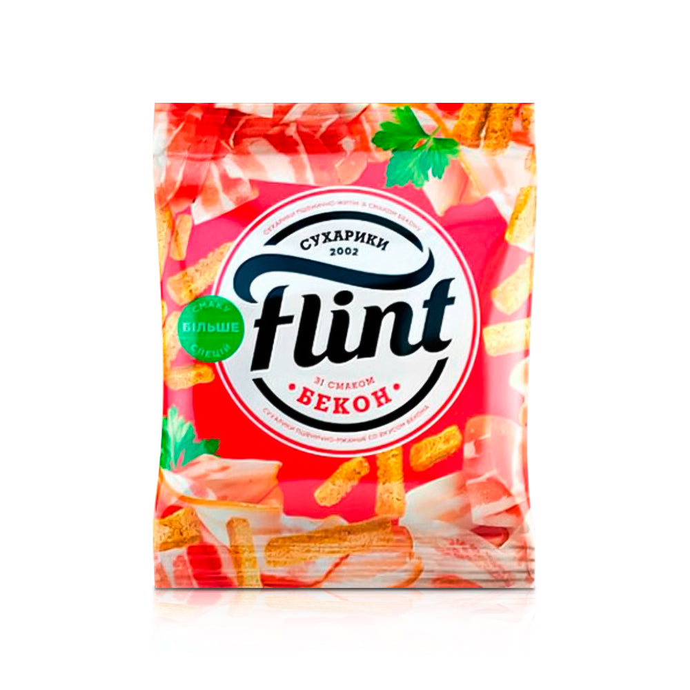 Сухарики пшенично-житні - Flint, зі смаком бекону, 70 г Ціна не включає 20% обов'язкового пожертвування на Парасольку. Пожертвування потрібно додати під час оформлення замовлення. Дякуємо за вашу підтримку!