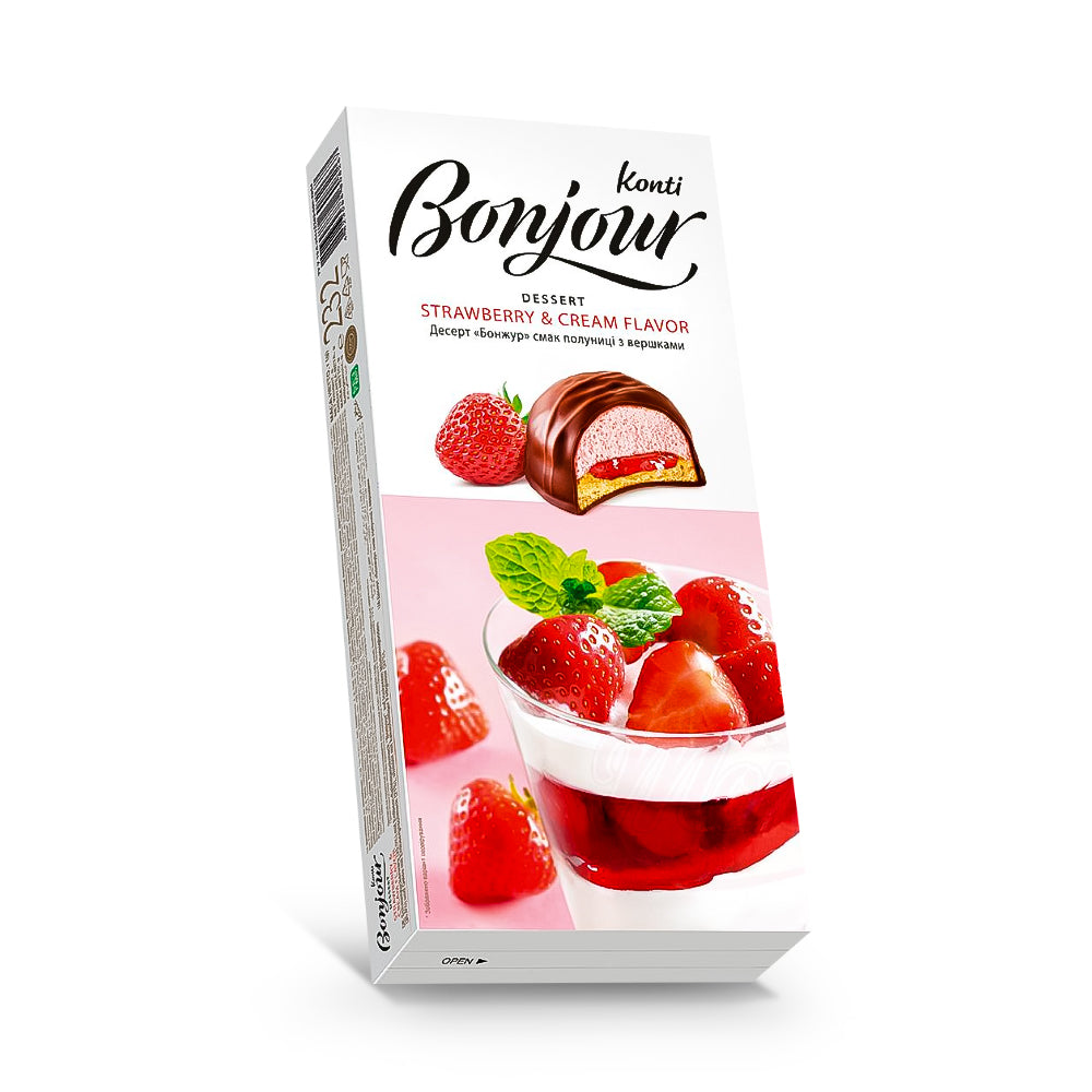 Десерт - Бонжур, полуниця з вершками, Konti, 232 г Ціна не включає 20% обов'язкового пожертвування на Парасольку. Пожертвування потрібно додати під час оформлення замовлення. Дякуємо за вашу підтримку!