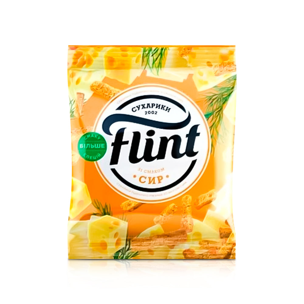 Сухарики пшенично-житні - Flint, зі смаком сиру, 70 г Ціна не включає 20% обов'язкового пожертвування на Парасольку. Пожертвування потрібно додати під час оформлення замовлення. Дякуємо за вашу підтримку!