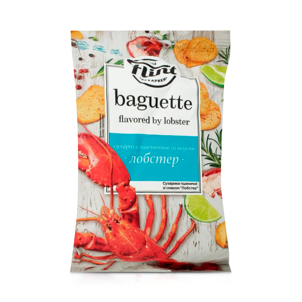 Сухарики пшеничні - Flint Baguette, лобстер, 60 г Ціна не включає 20% обов'язкового пожертвування на Парасольку. Пожертвування потрібно додати під час оформлення замовлення. Дякуємо за вашу підтримку!