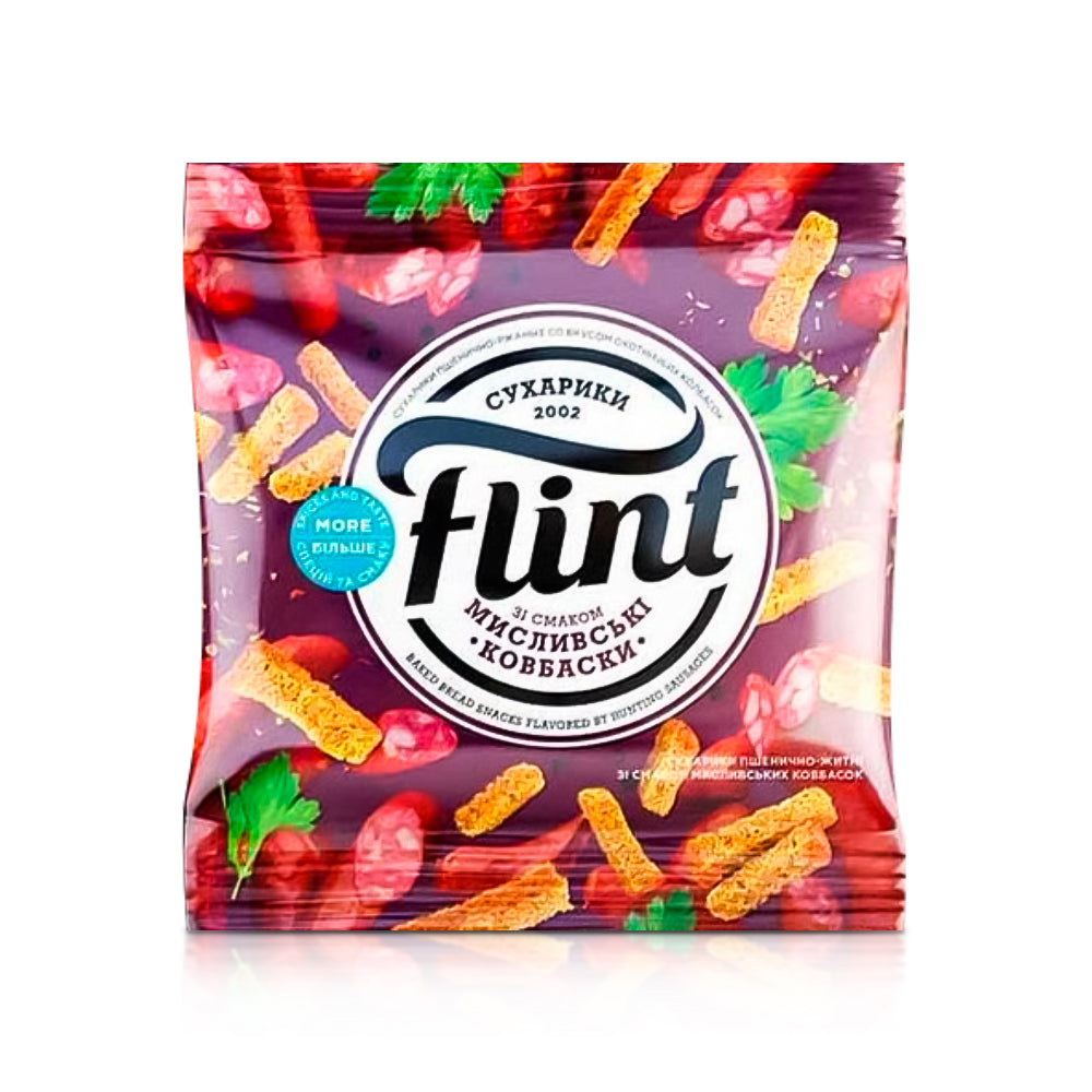 Сухарики пшенично-житні - Flint, зі смаком баварські ковбаски, 70 г Ціна не включає 20% обов'язкового пожертвування на Парасольку. Пожертвування потрібно додати під час оформлення замовлення. Дякуємо за вашу підтримку!