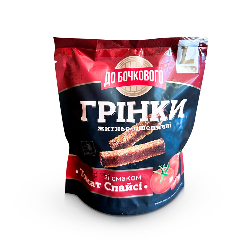 Гренки житні - До Бочкового, зі смаком томат спайси, 130 г Ціна не включає 20% обов'язкового пожертвування на Парасольку. Пожертвування потрібно додати під час оформлення замовлення. Дякуємо за вашу підтримку!