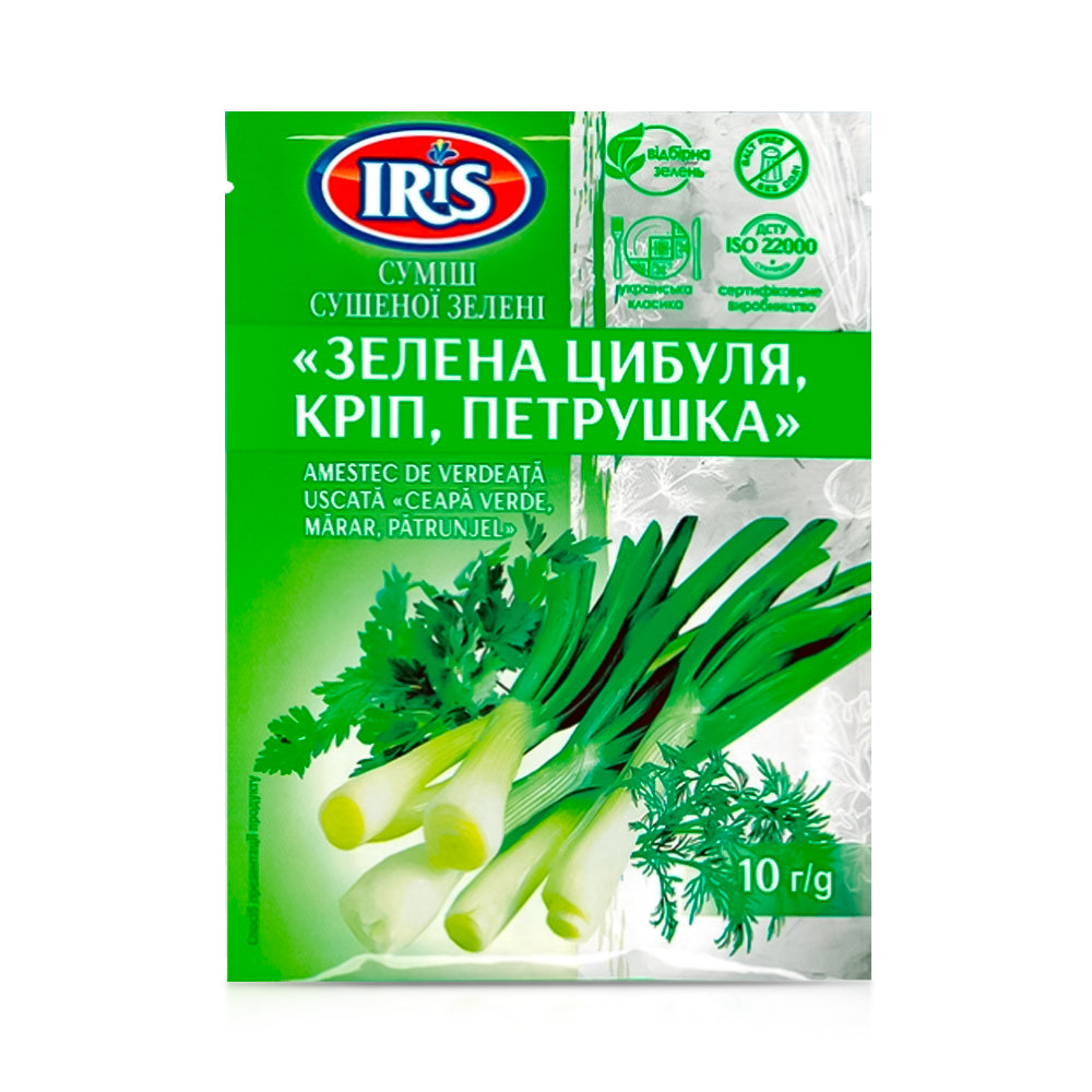 Суміш зелені, зелена цибуля, кріп та петрушка, Iris, 10 г Ціна не включає 20% обов'язкового пожертвування на Парасольку. Пожертвування потрібно додати під час оформлення замовлення. Дякуємо за вашу підтримку!