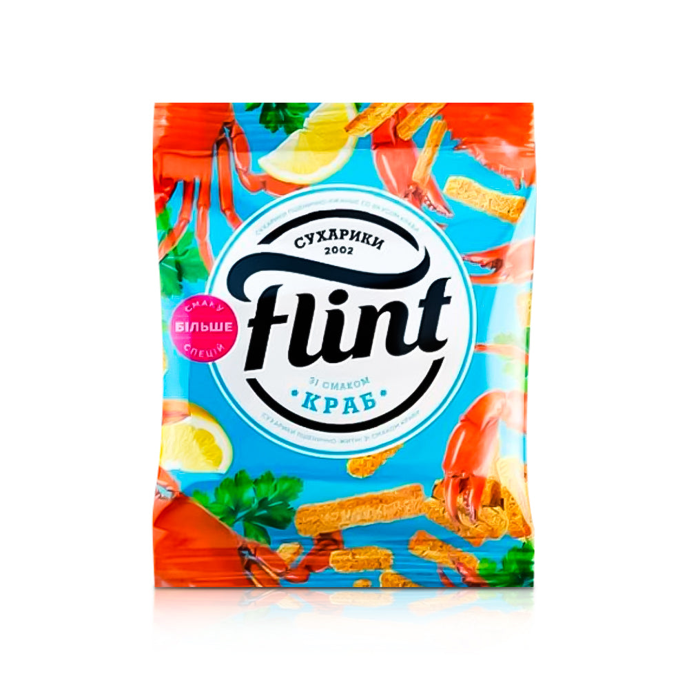 Сухарики пшенично-житні - Flint, зі смаком краба, 70 г Ціна не включає 20% обов'язкового пожертвування на Парасольку. Пожертвування потрібно додати під час оформлення замовлення. Дякуємо за вашу підтримку!