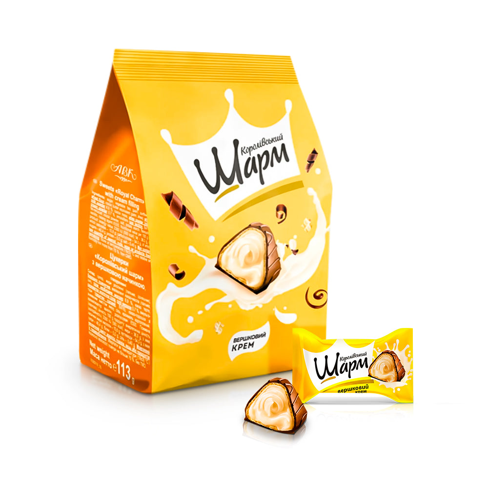 Цукерки - Королівський шарм, з вершковою начинкою, ABK, 113 г Ціна не включає 20% обов'язкового пожертвування на Парасольку. Пожертвування потрібно додати під час оформлення замовлення. Дякуємо за вашу підтримку!