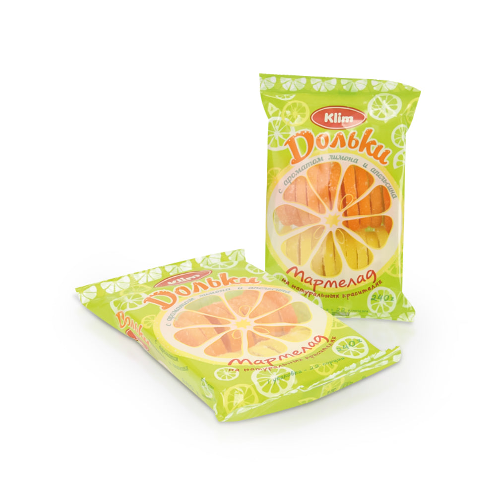 Мармелад желейний - Лимонно-апельсинові часточки, Klim, 240 г Ціна не включає 20% обов'язкового пожертвування на Парасольку. Пожертвування потрібно додати під час оформлення замовлення. Дякуємо за вашу підтримку!