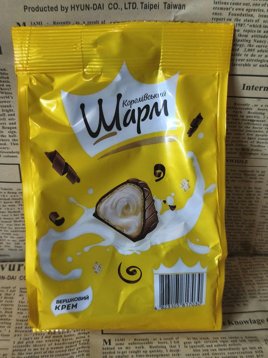 Цукерки - Королівський шарм, з вершковою начинкою, ABK, 113 г Ціна не включає 20% обов'язкового пожертвування на Парасольку. Пожертвування потрібно додати під час оформлення замовлення. Дякуємо за вашу підтримку!