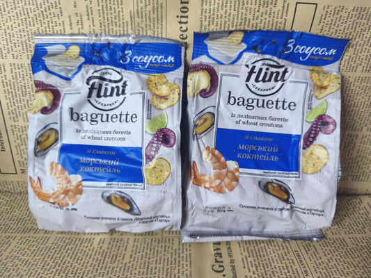 Сухарики ТМ Flint Baguette. Морський коктейль  з соусом тартар, 50г Ціна не включає 20% обов'язкового пожертвування на Парасольку. Пожертвування потрібно додати під час оформлення замовлення. Дякуємо за вашу підтримку!