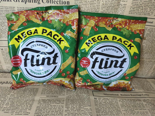 Сухарики пшенично-житні - Flint, зі смаком червона ікра , 100 г Ціна не включає 20% обов'язкового пожертвування на Парасольку. Пожертвування потрібно додати під час оформлення замовлення. Дякуємо за вашу підтримку!