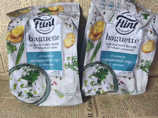 Сухарики ТМ Flint Baguette.Вершковий соус із зеленню , 100г Ціна не включає 20% обов'язкового пожертвування на Парасольку. Пожертвування потрібно додати під час оформлення замовлення. Дякуємо за вашу підтримку!