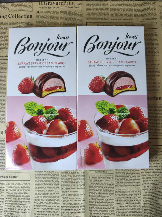 Десерт - Бонжур, полуниця з вершками, Konti, 232 г Ціна не включає 20% обов'язкового пожертвування на Парасольку. Пожертвування потрібно додати під час оформлення замовлення. Дякуємо за вашу підтримку!