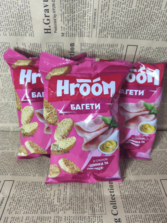 Сухарики ТМ HROOM Шинка та гірчиця , 60г Ціна не включає 20% обов'язкового пожертвування на Парасольку. Пожертвування потрібно додати під час оформлення замовлення. Дякуємо за вашу підтримку!
