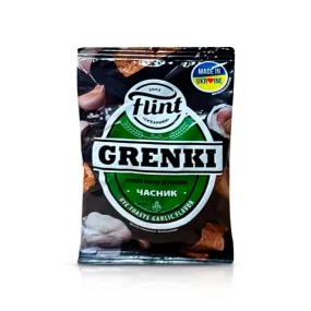 Грінки житні - Flint, зі смаком часнику, 70 г. Ціна не включає 20% обов'язкового пожертвування на Парасольку. Пожертвування потрібно додати під час оформлення замовлення. Дякуємо за вашу підтримку!